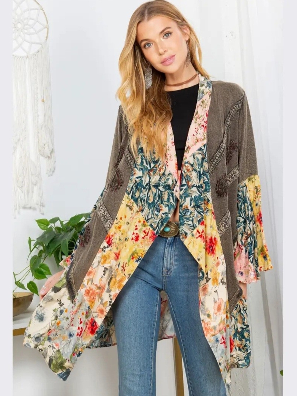 Boho Floral Patchwork Open-Front Women's Cardigan - Multicolor